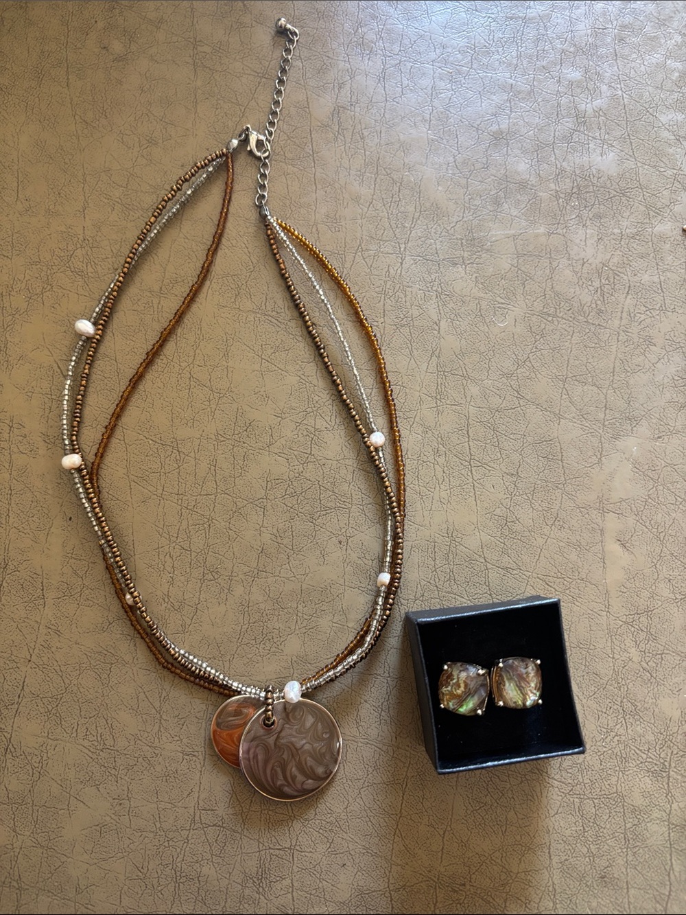 Multi-Strand Brown Beaded Necklace with Iridescent Pendant and earring set